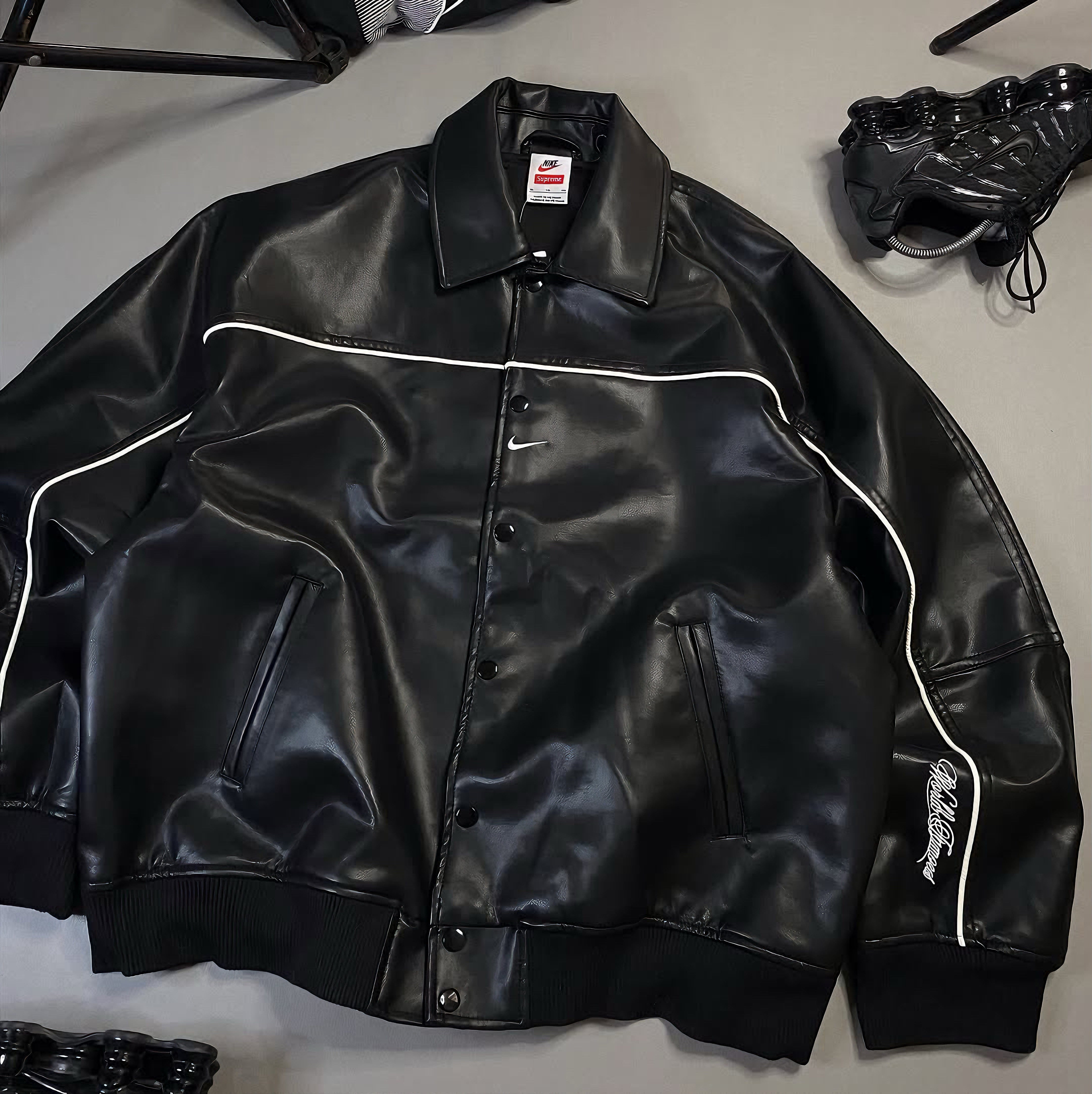 SUPREME NIKE LEATHER VARSITY JACKET BLACK
